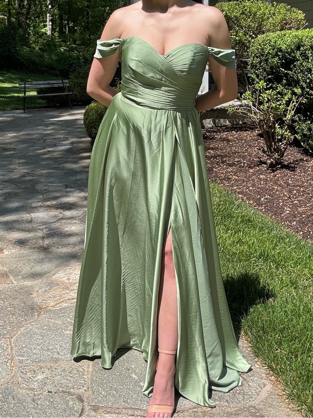 Off-Shoulder Sage Green Evening Dress with Front Slit